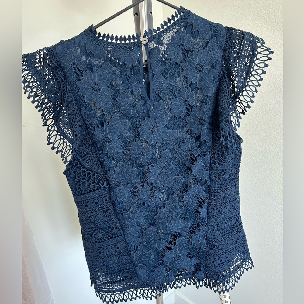 Dark Navy Blue Sheer Floral Lace Ruffle Sleeveless Round Neck Blouse Top
